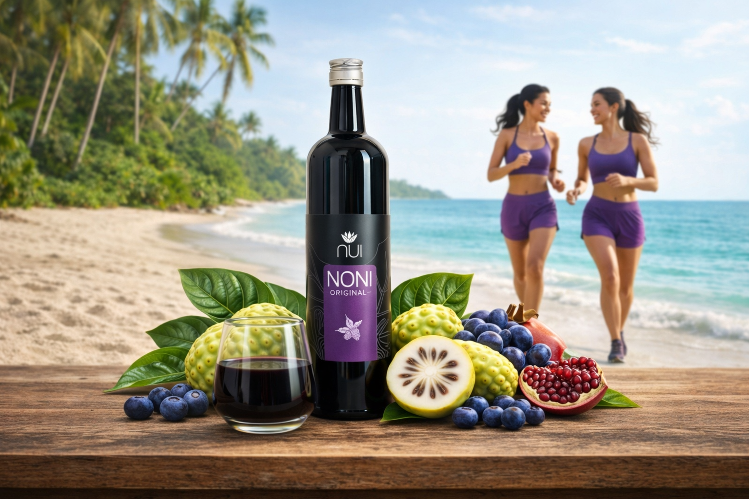 NUI-NONI-ORIGINAL-mit-2-Sportfrauen-am-Strand